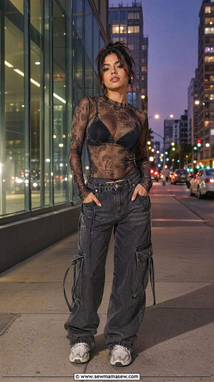 Mesh Top Layered Over Bralette with Cargo Jeans Outfit - 35 Y2K outfit ideas 2026
