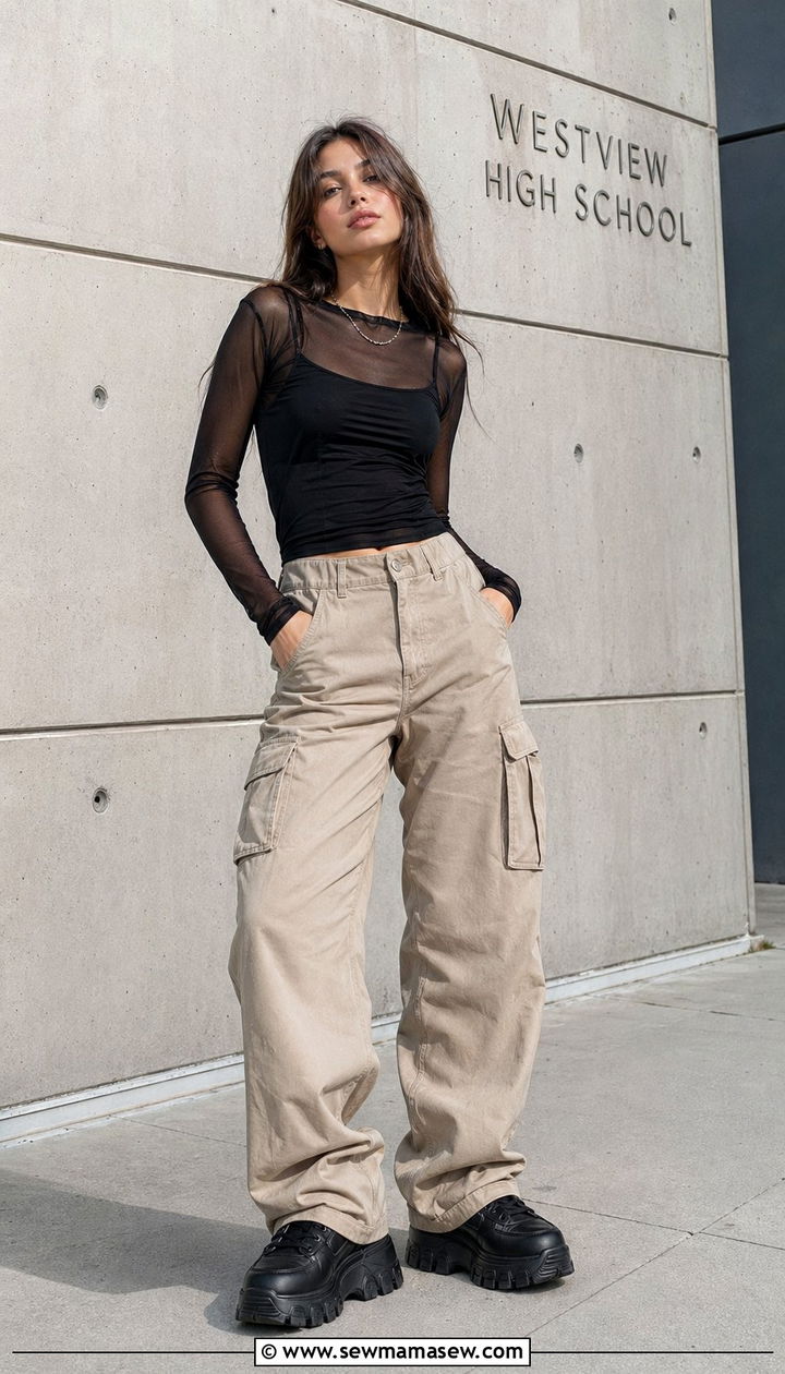 Mesh Top Layered Over Cami with Cargo Pants Outfit - 30 Back to school outfit ideas Y2K 2026