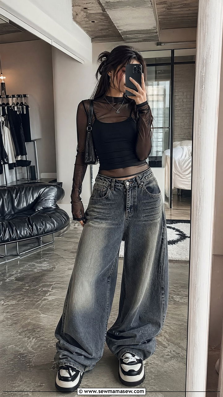 Mesh Top Layered Over Tank With Baggy Jeans - 35 Trendy outfits for teens
