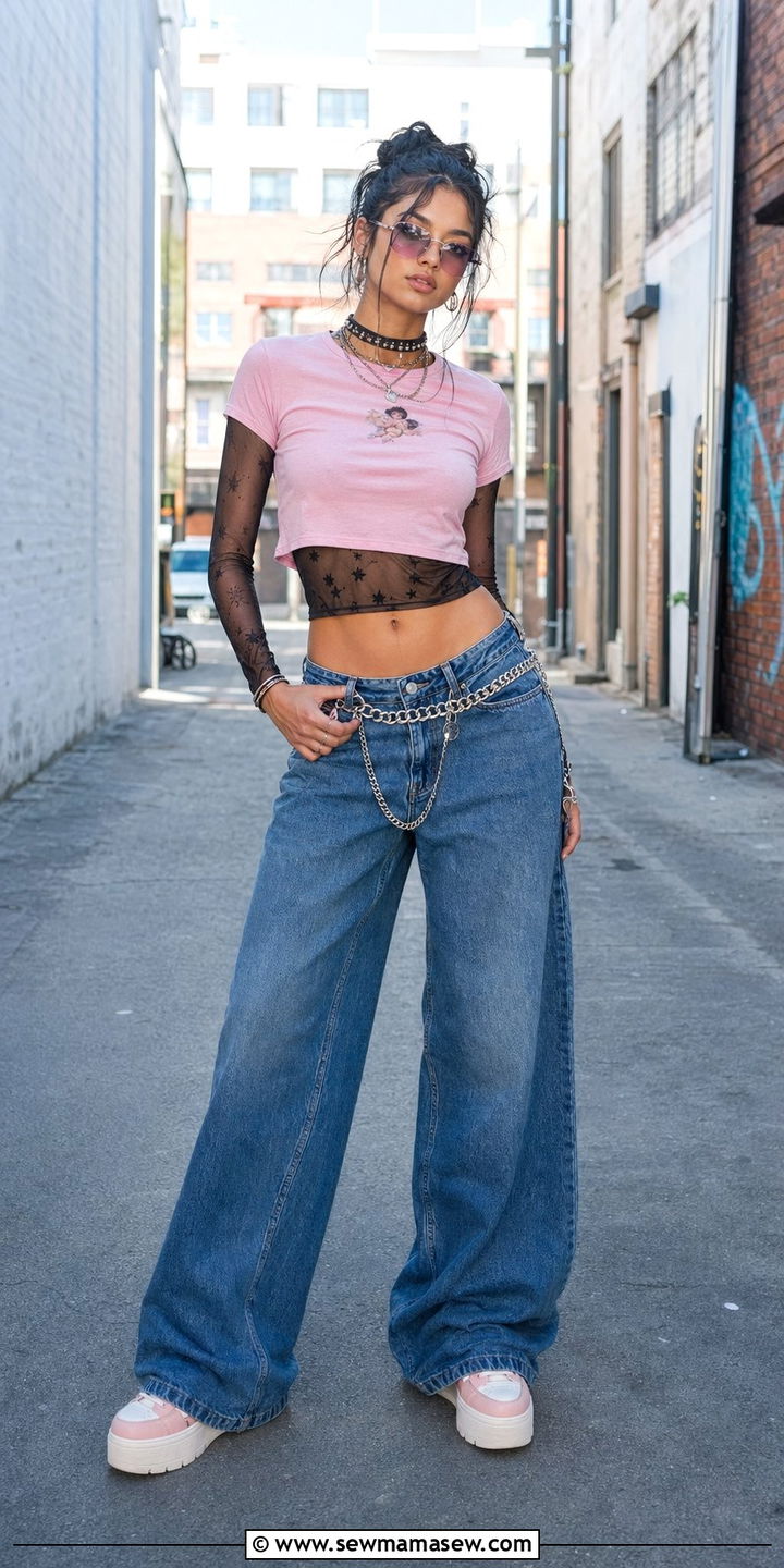 Mesh Top Layered Under Baby Tee Outfit - 30 Y2K outfits aesthetic
