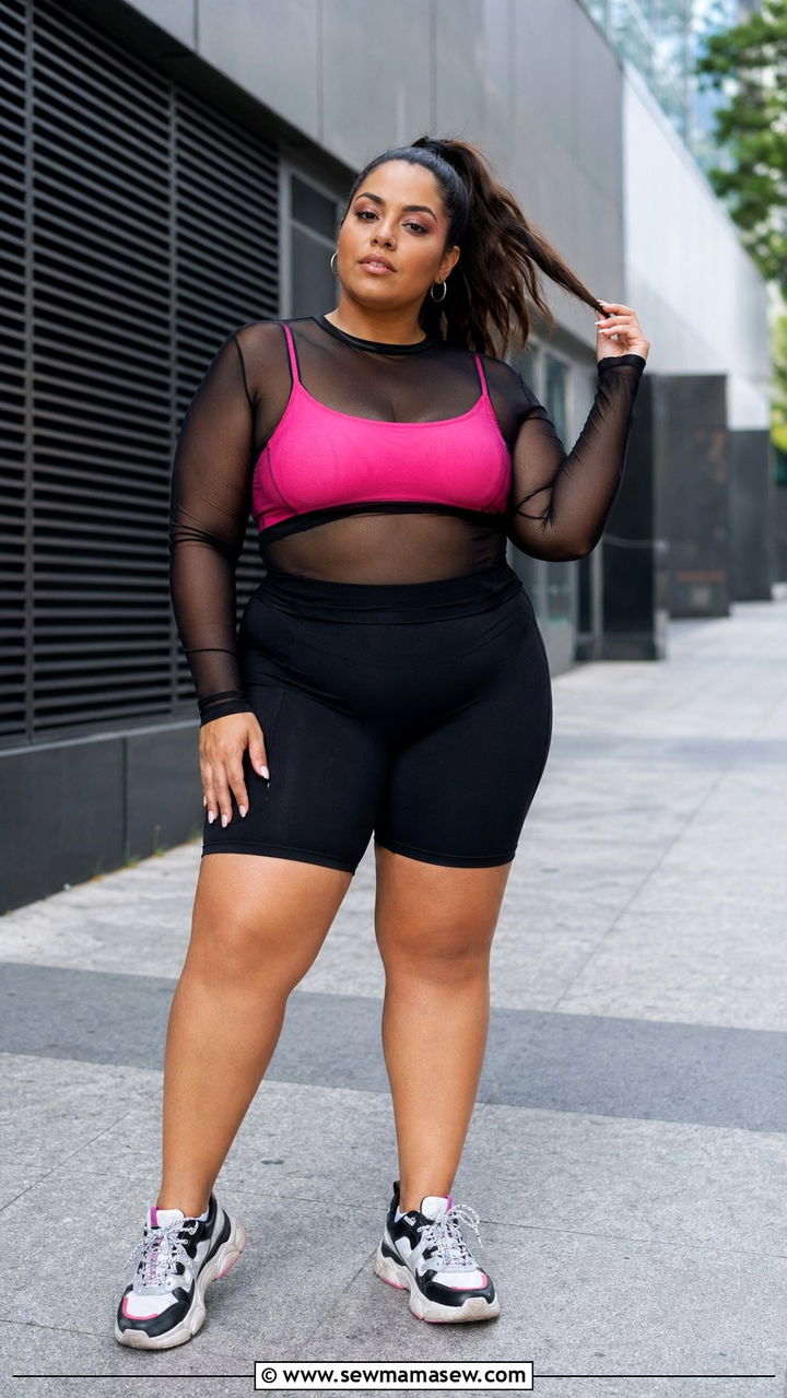 Mesh Top Over Sports Bra with Biker Shorts - 35 Plus size workout outfits