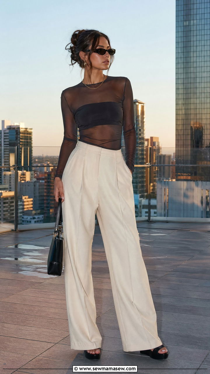 Mesh Top and Wide Leg Trousers Outfit - 35 summer y2k outfits