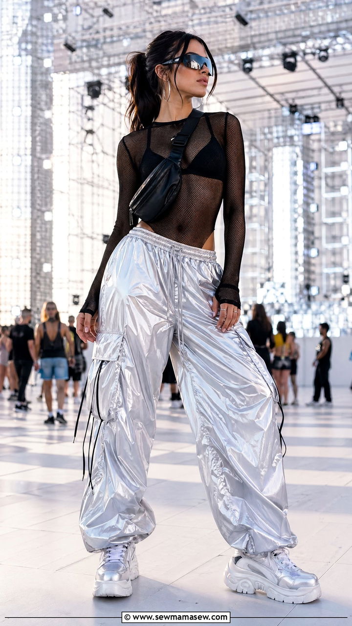 Mesh Top with Parachute Pants Festival Outfit - 35 what to wear to a music festival