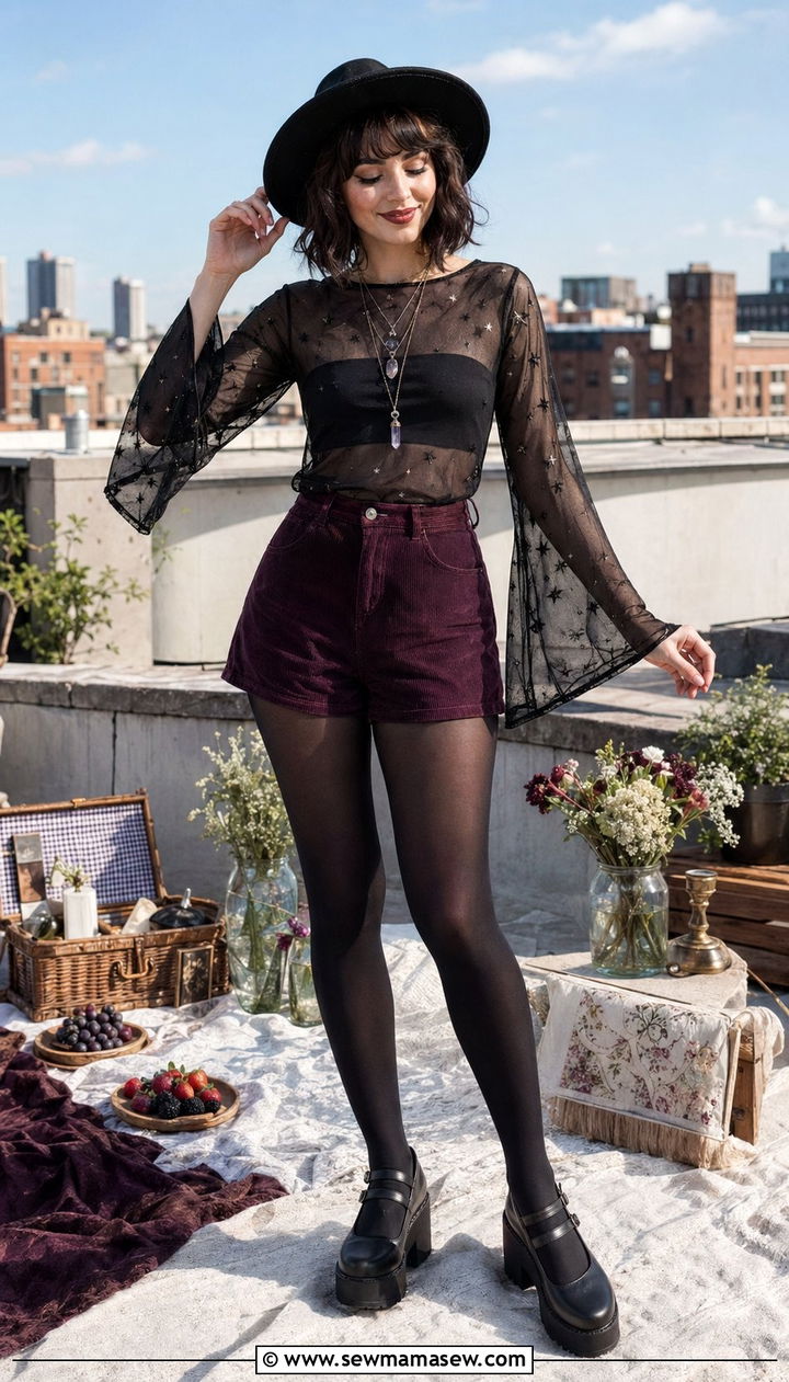 Mesh bell sleeve top with high waisted corduroy shorts - 30 Whimsigoth outfit ideas