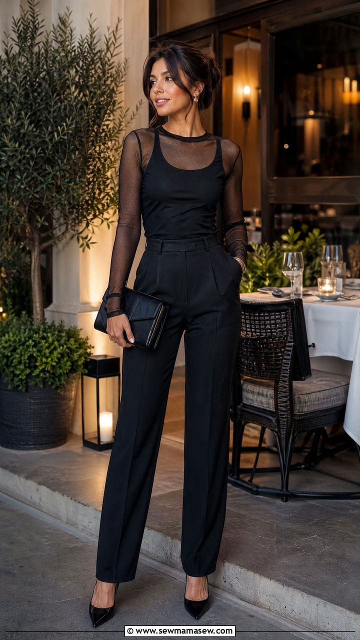 Mesh top layered over tank with tailored pants outfit - 35 Sporty chic outfit ideas