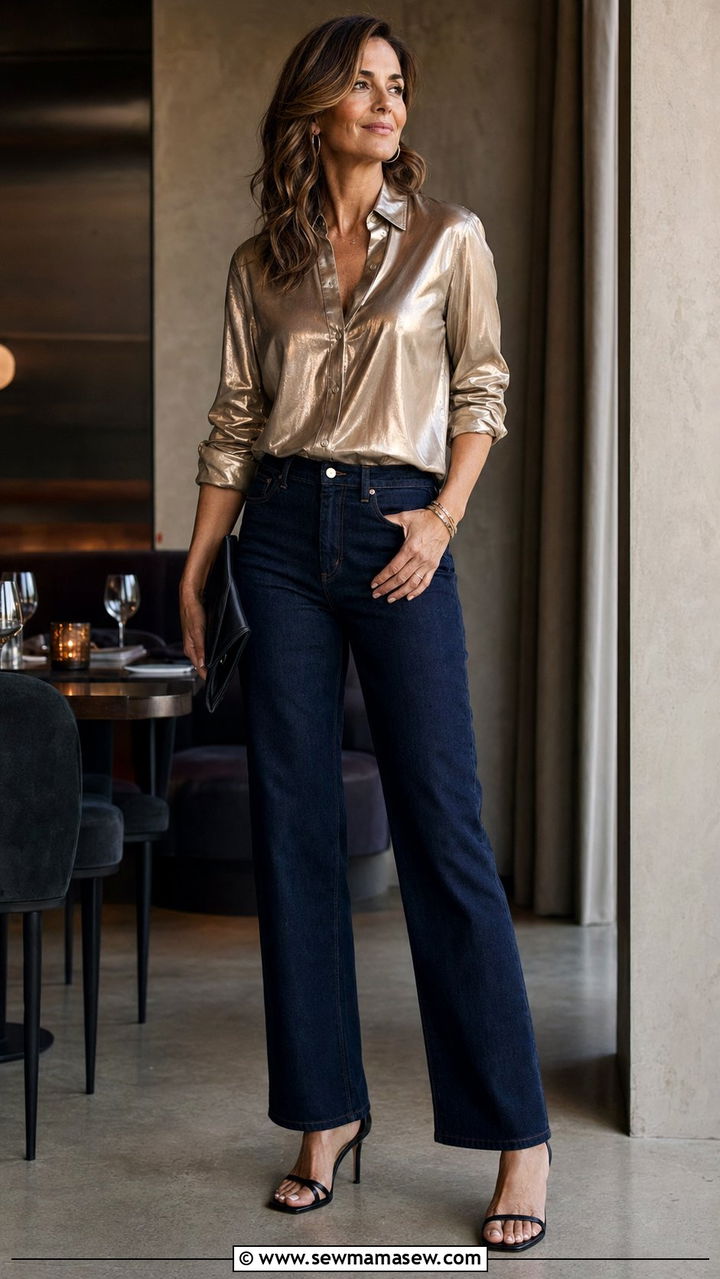 Metallic Button Down Shirt with Dark Jeans Outfit - 30 y2k outfit ideas for women over 40