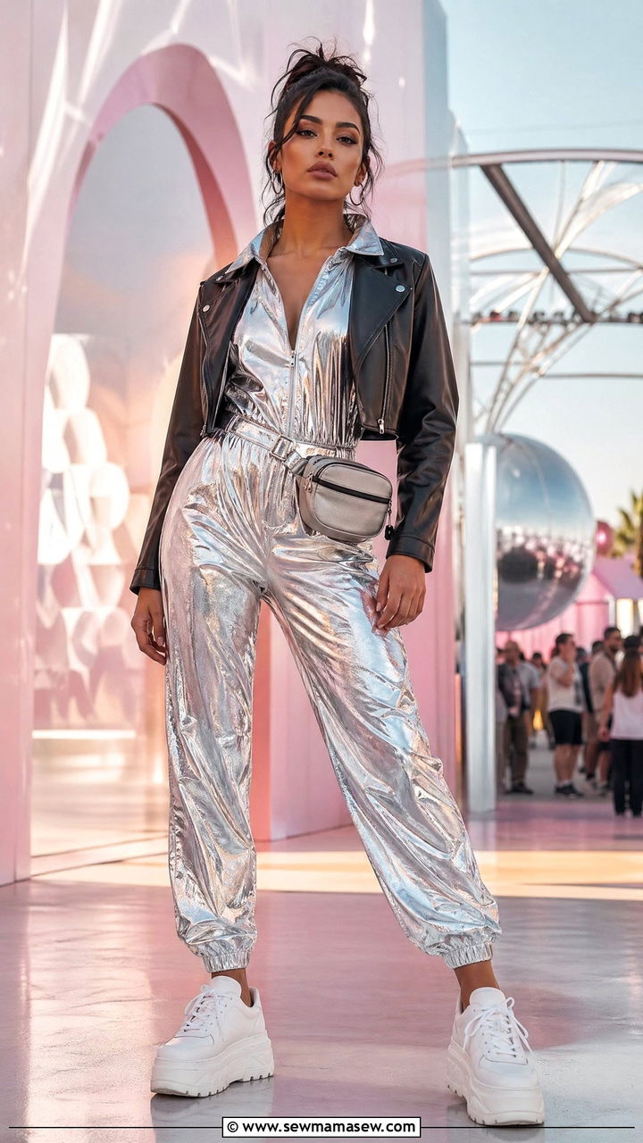 Metallic Jumpsuit with Platform Sneakers Festival Outfit - 35 what to wear to a music festival