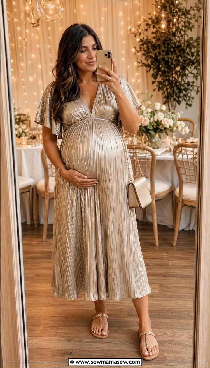 Metallic Pleated Midi Dress with Simple Nude Sandals - 30 Baby shower outfits for mom to be