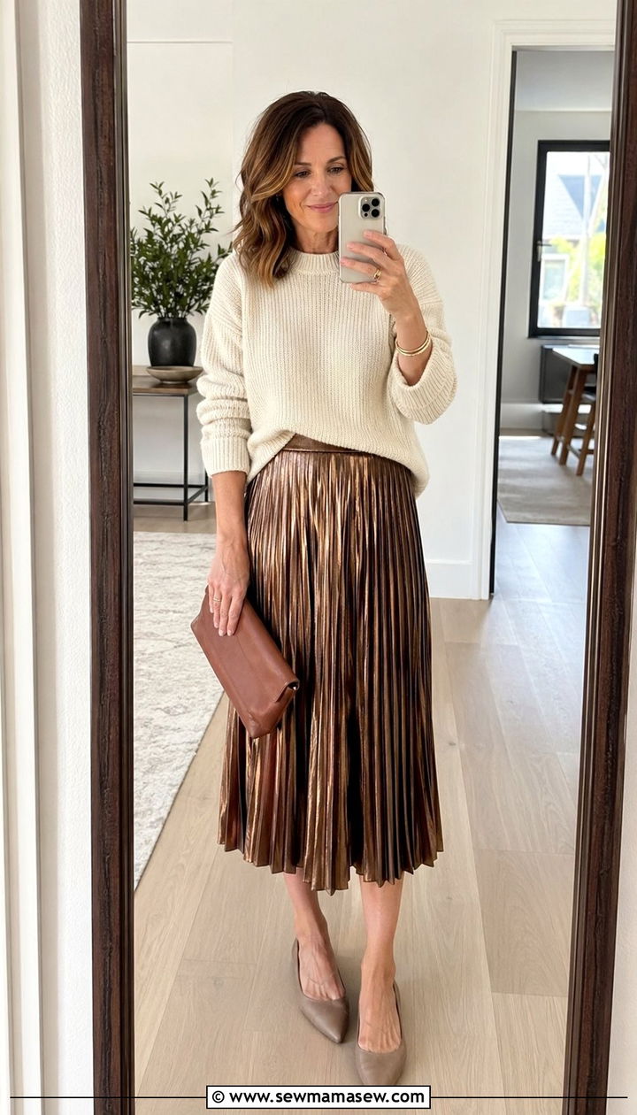 Metallic Pleated Midi Skirt with Soft Knit Sweater Outfit - 30 y2k outfit ideas for women over 40
