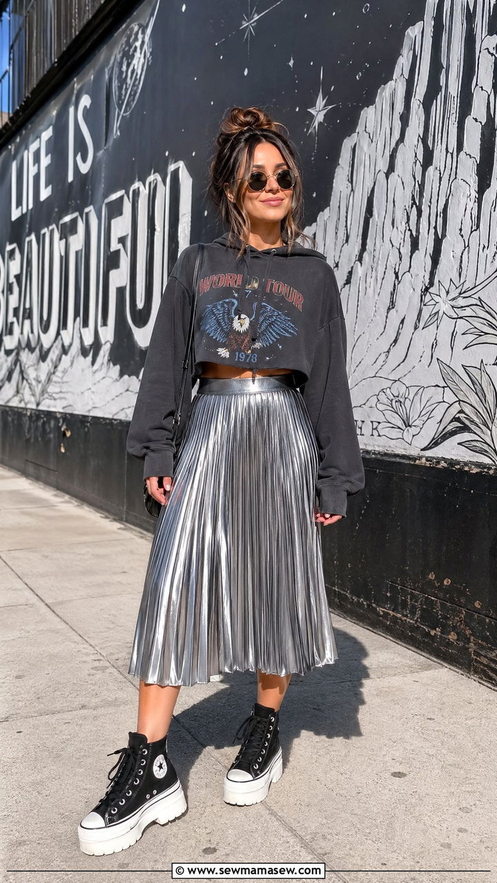 Metallic Pleated Skirt With A Graphic Hoodie And High Top Sneakers - 35 Concert outfits for petite women
