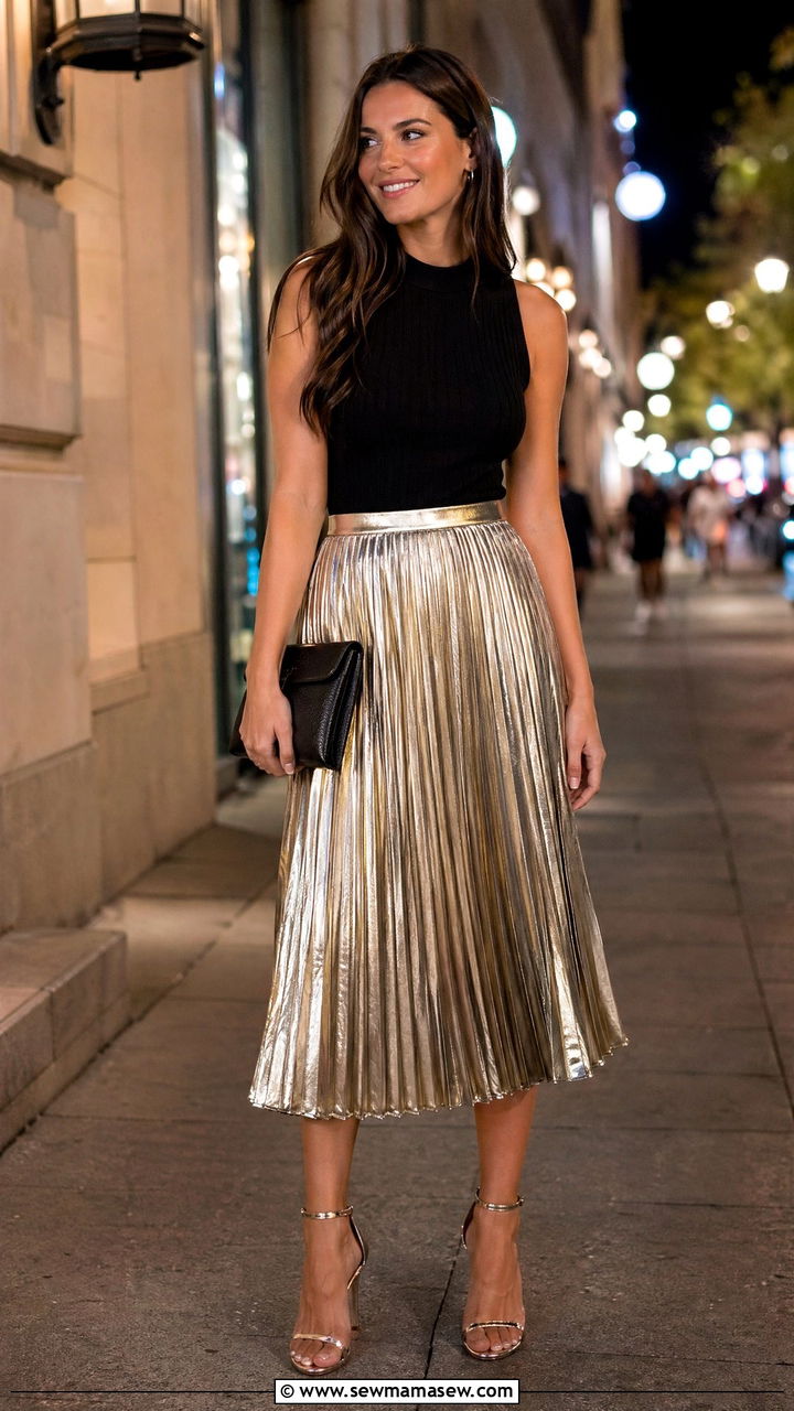 Metallic Pleated Skirt and Black Top Outfit - 35 spring girls night out outfit ideas