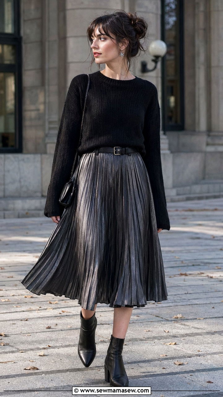 Metallic pleated midi skirt with a black knit top - 30 Whimsigoth outfit ideas