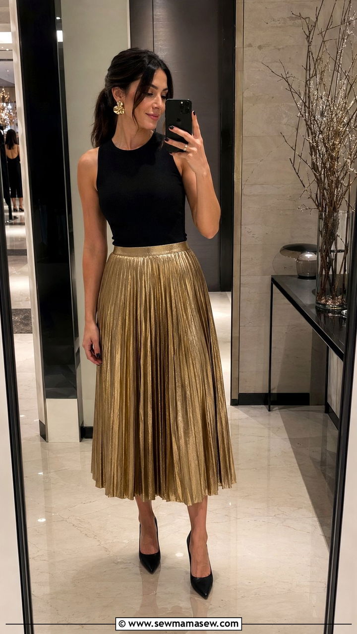 Metallic pleated midi skirt with black fitted top - 30 Wedding guest outfits with skirts