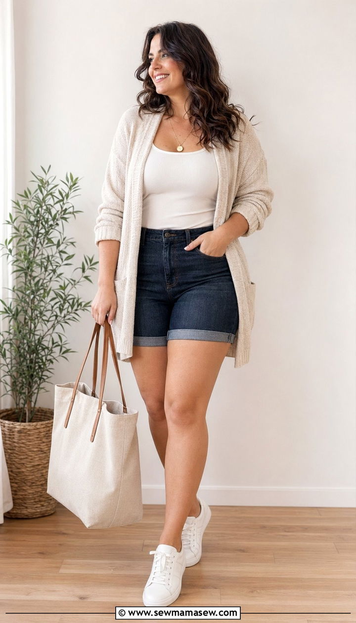 Mid Thigh Denim Shorts With Cardigan Outfit - 30 Best shorts for curvy women