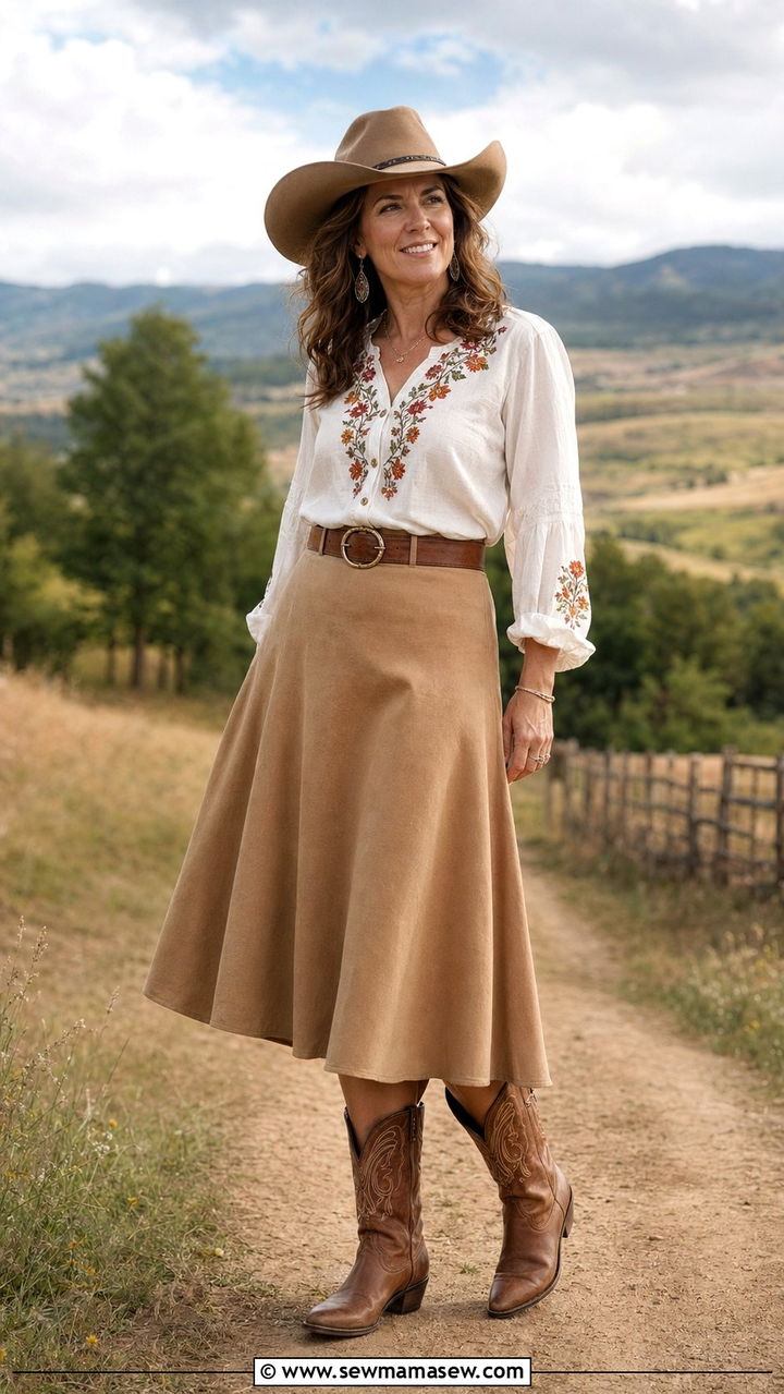 Midi A line skirt with embroidered blouse and cowboy hat - 30 Western outfit ideas for women over 40