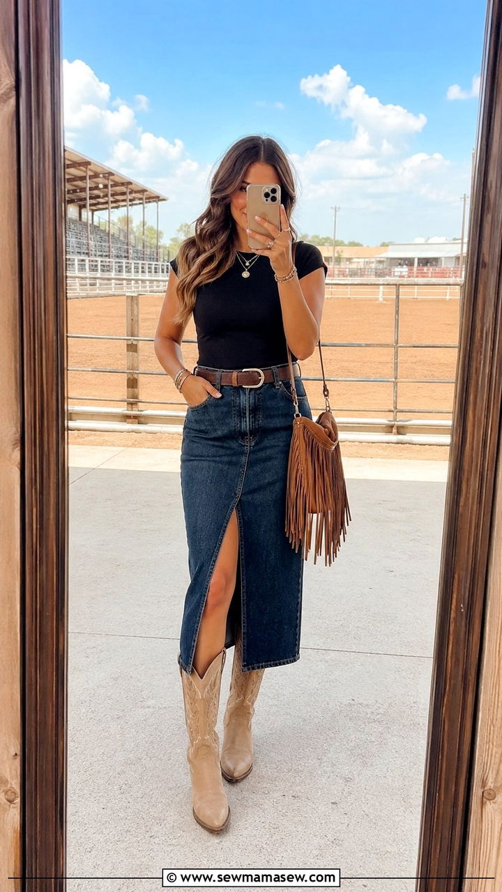 Midi Denim Skirt With Cowboy Boots - 30 Rodeo outfit ideas for women 2026