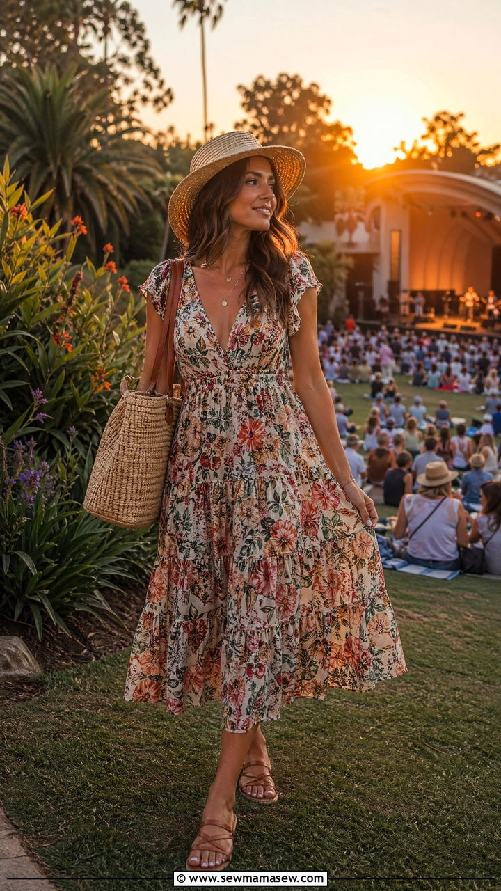 Midi Dress And Flat Sandals Summer Concert Outfit - 35 summer concert outfit ideas for women
