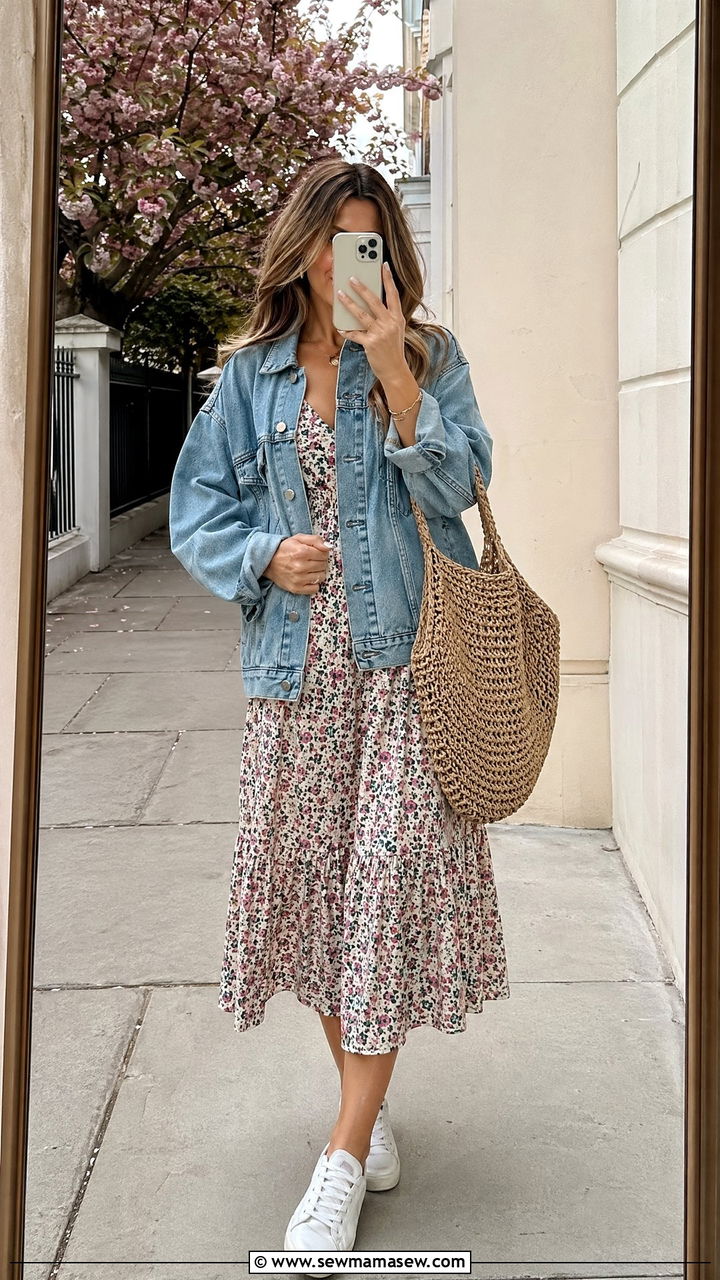 Midi Dress With A Denim Jacket And White Trainers - 35 Spring London outfit ideas