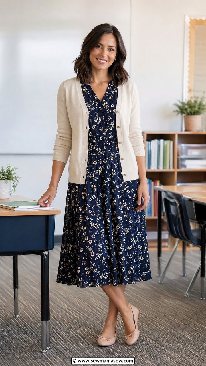 Midi Dress With Cardigan and Ballet Flats - 35 teacher outfits for women