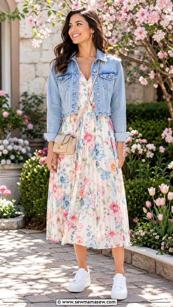 Midi Dress With Cropped Denim Jacket And Sneakers - 30 spring elevated casual outfit ideas