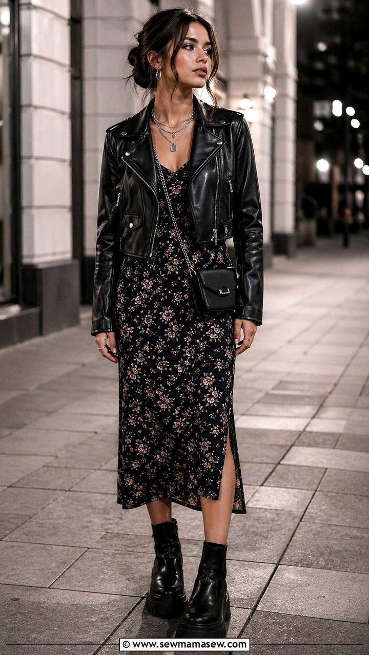 Midi Dress With Cropped Leather Jacket - 30 spring midi dress outfit ideas