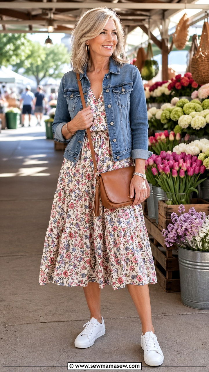Midi Dress With Denim Jacket and Sneakers Spring Outfit Over 50 - 30 Spring capsule wardrobe over 50