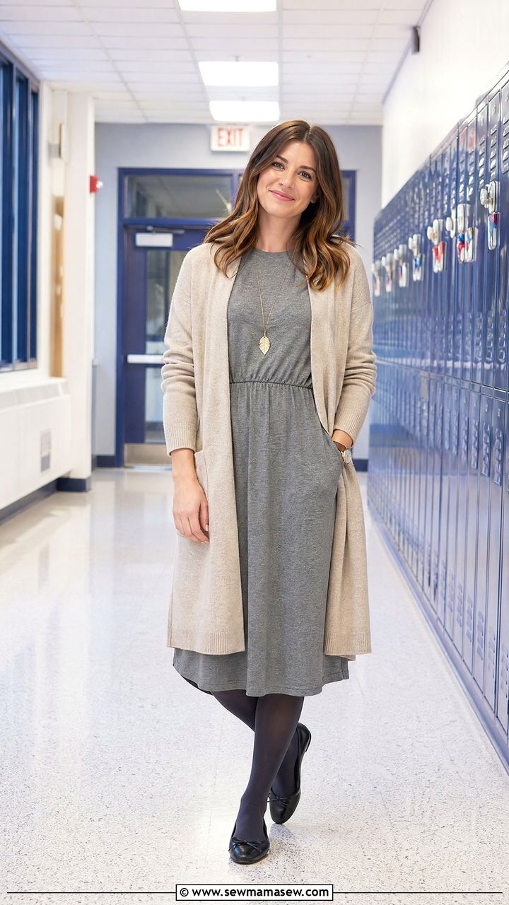 Midi Dress With Long Cardigan And Ballet Flats - 35 Counselor outfit ideas