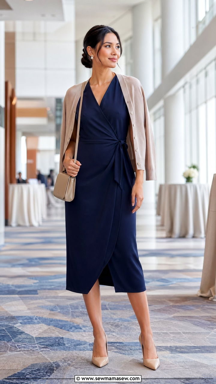 Midi Dress With Neutral Pointed Heels - 35 Work conference outfit ideas