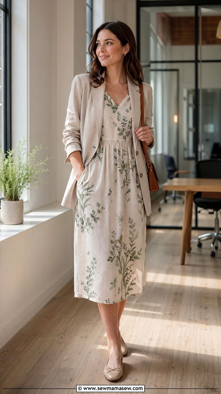 Midi Dress With Relaxed Blazer - 35 spring chic outfit ideas