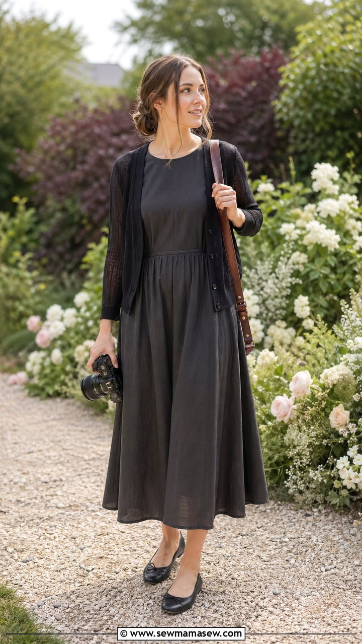 Midi Dress With a Lightweight Cardigan and Ballet Flats - 30 Wedding photographer outfit ideas