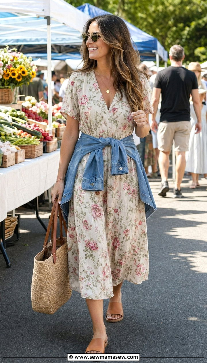 Midi Dress and Flat Sandals Outfit - 35 mom outfit ideas