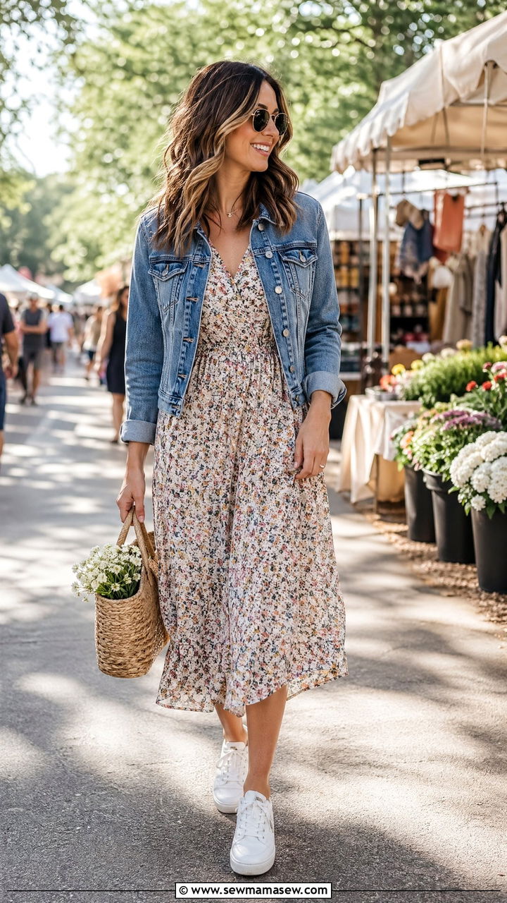 Midi Dress with Denim Jacket - 35 Chic mom outfit ideas