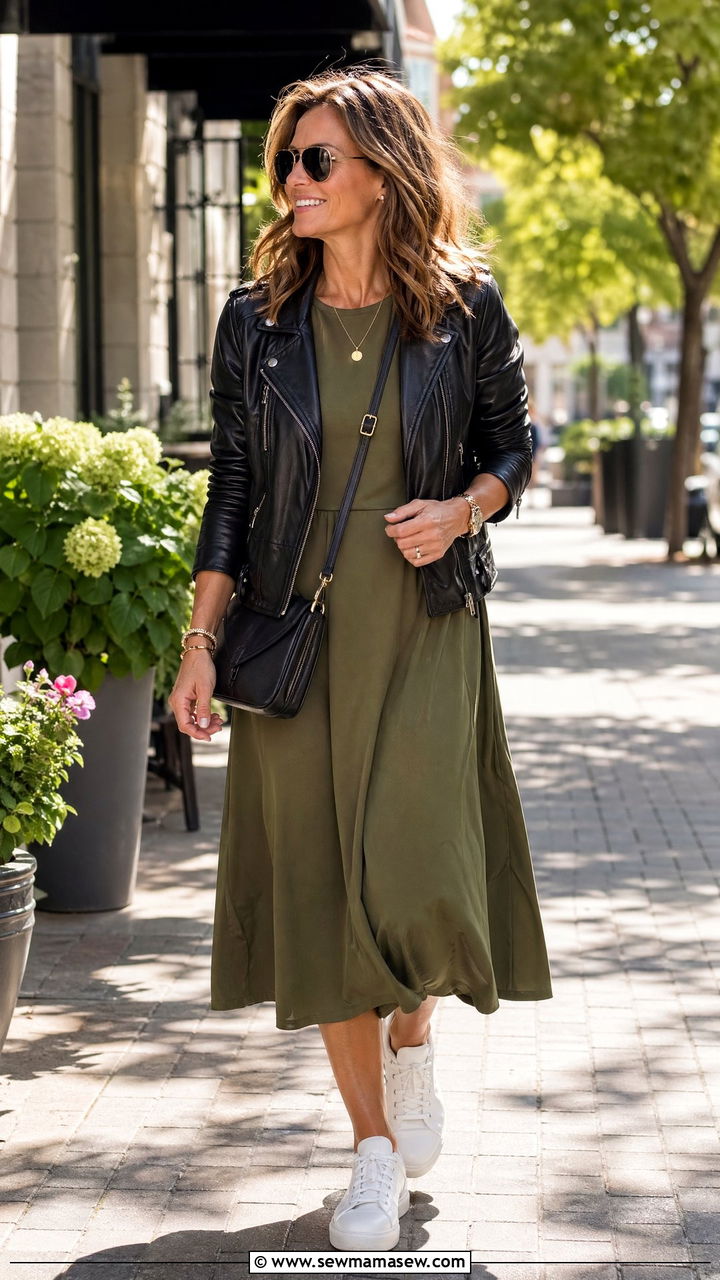 Midi Dress with Leather Jacket Weekend Outfit - 35 Weekend outfit ideas for women over 40