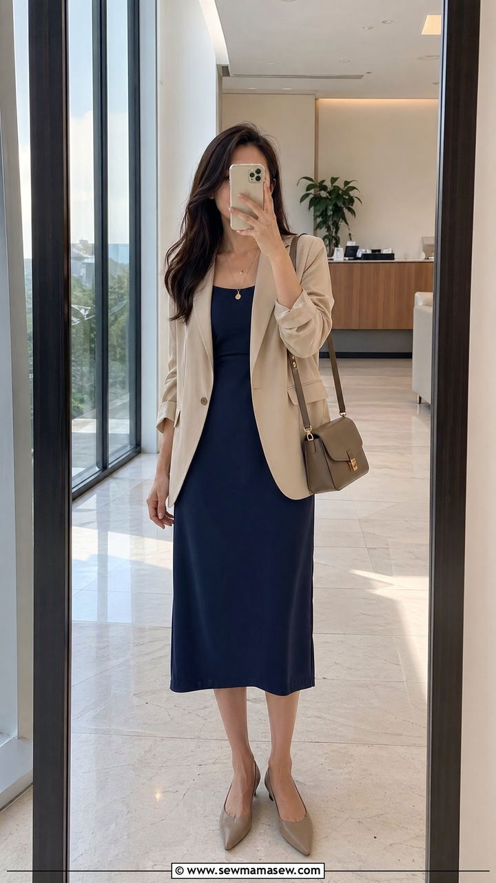 Midi Dress with Lightweight Blazer - 35 summer interview outfit ideas