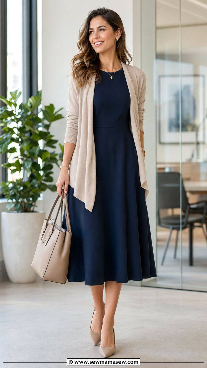 Midi Dress with Lightweight Cardigan - 35 professional outfit ideas for women