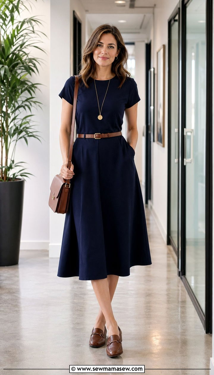 Midi Dress with Loafers and a Belt - 30 Work outfit ideas for casual Friday