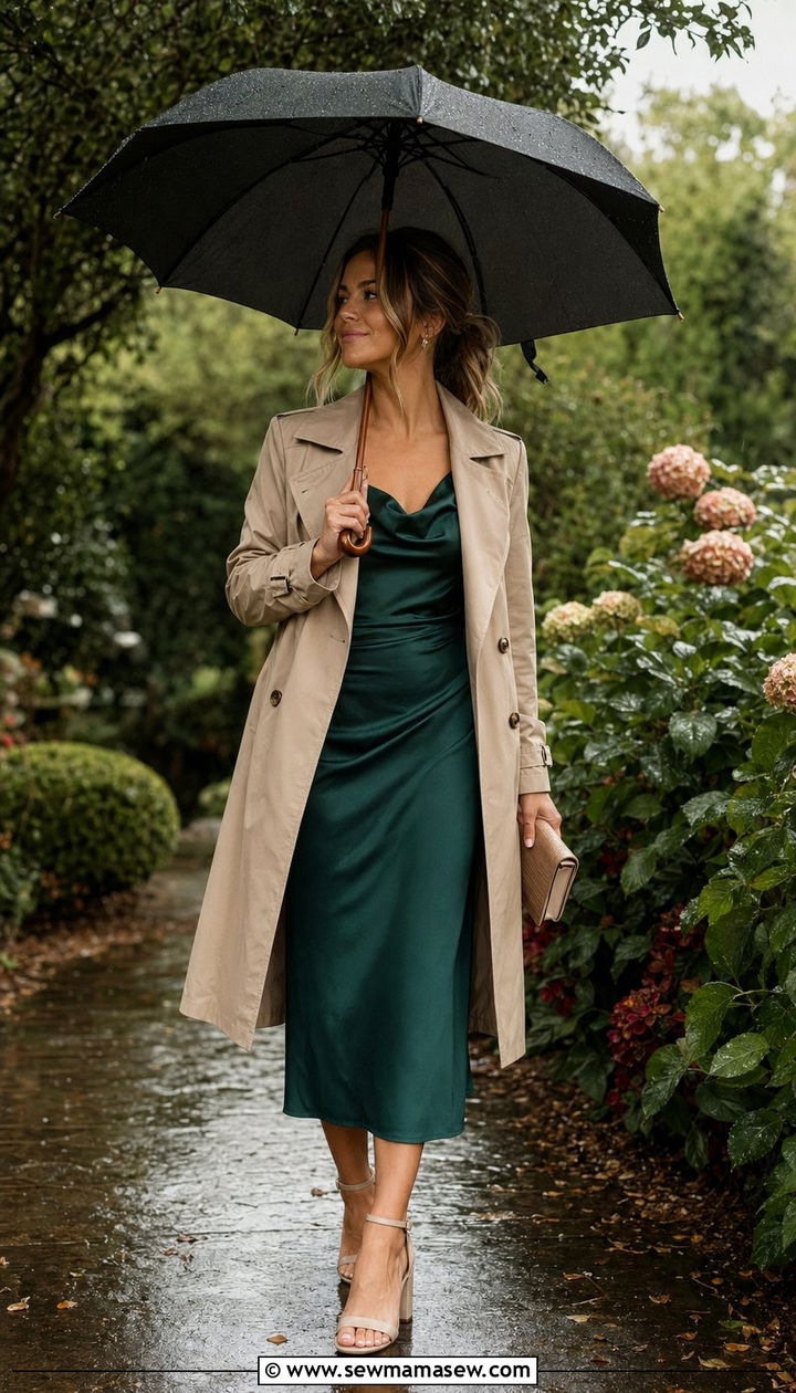 Midi Dress with Trench Coat and Block Heels - 30 Wedding guest outfits for rainy weather