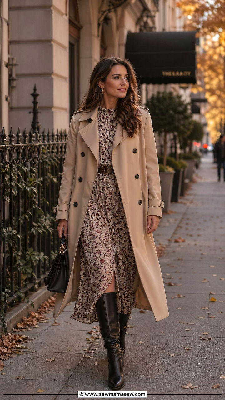 Midi Dress with Trench Coat and Knee High Boots Outfit - 35 transitional chic outfit ideas