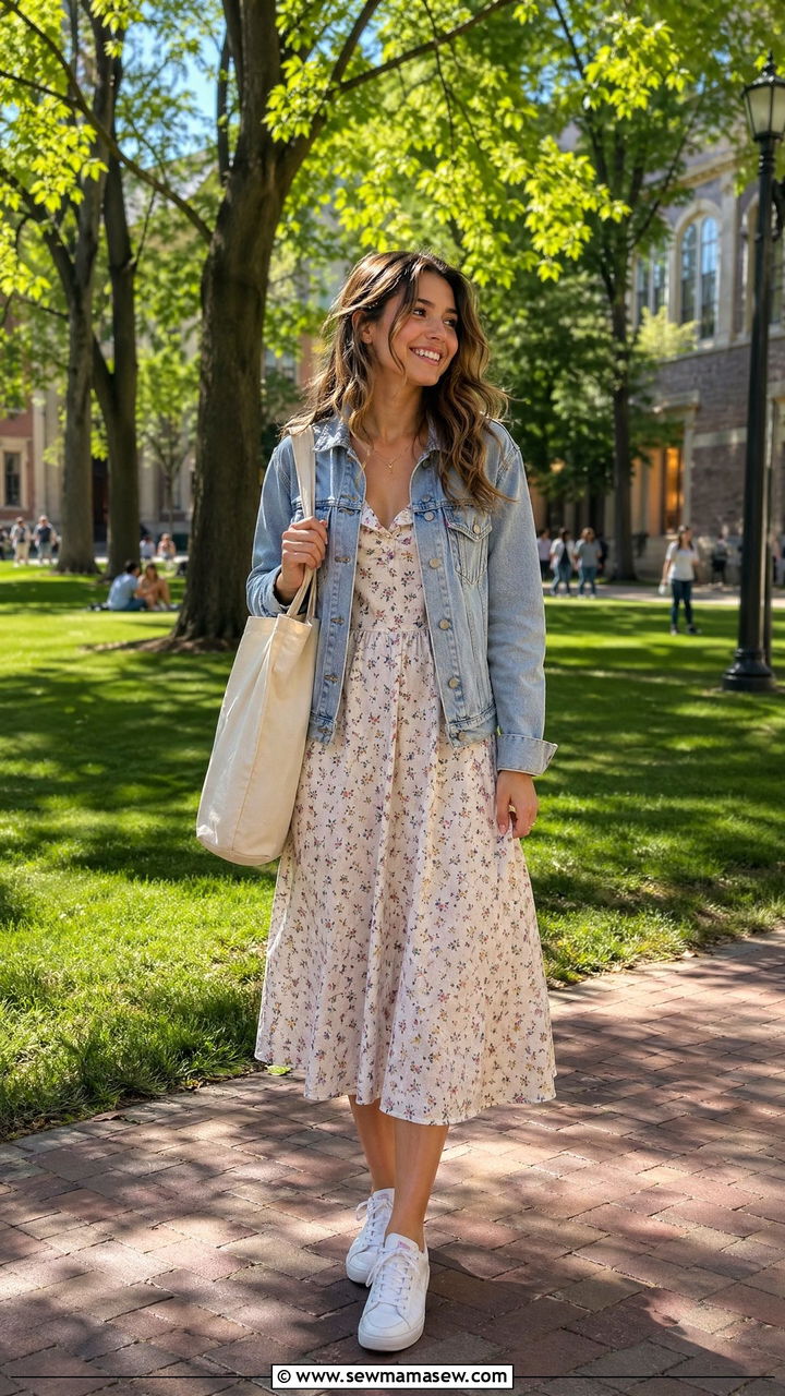 Midi Dress with White Sneakers and Denim Jacket - 35 college outfits ideas