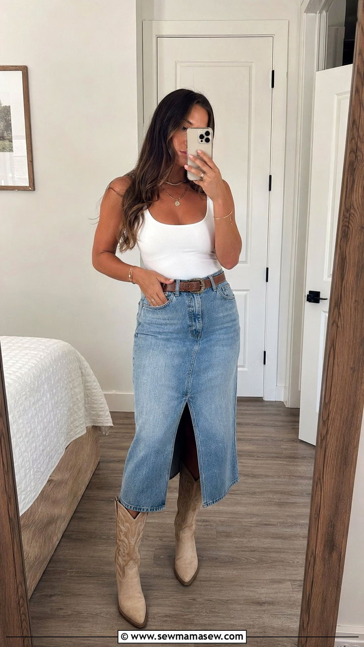 Midi Jeans Skirt and Cowboy Boots - 35 Rodeo outfit ideas for women