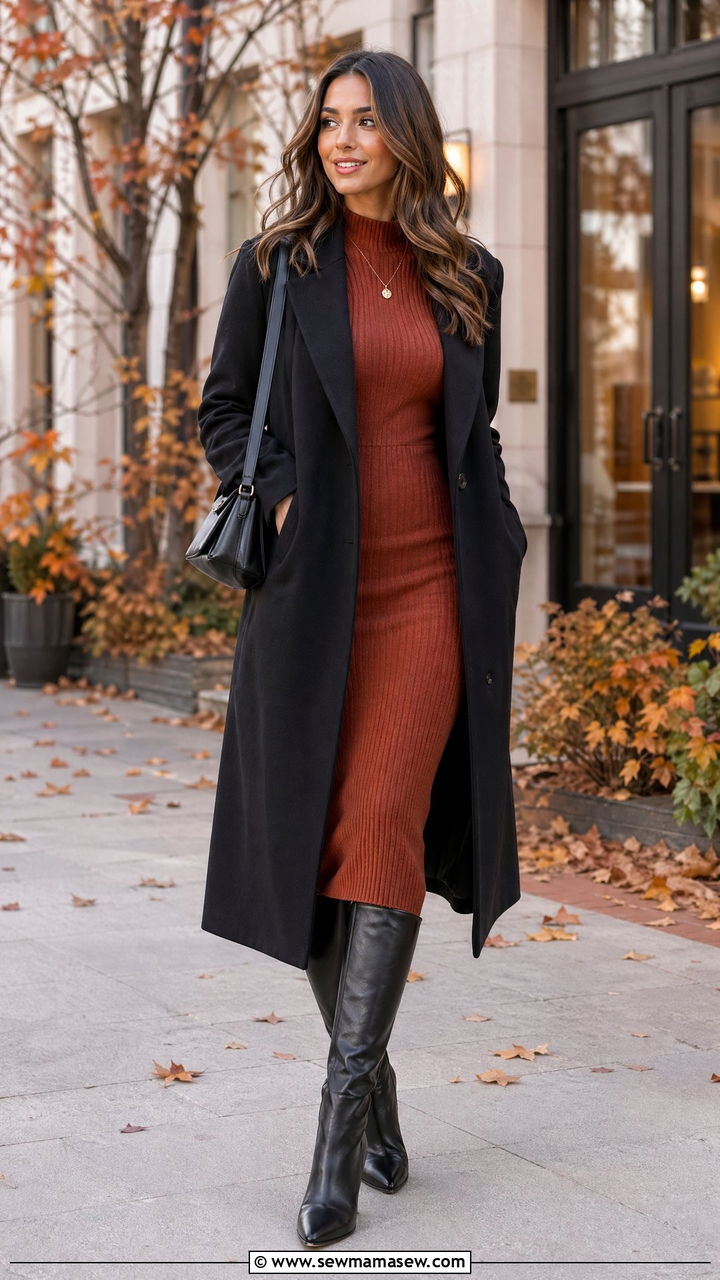 Midi Knit Dress With Knee High Boots - 35 what to wear to dinner