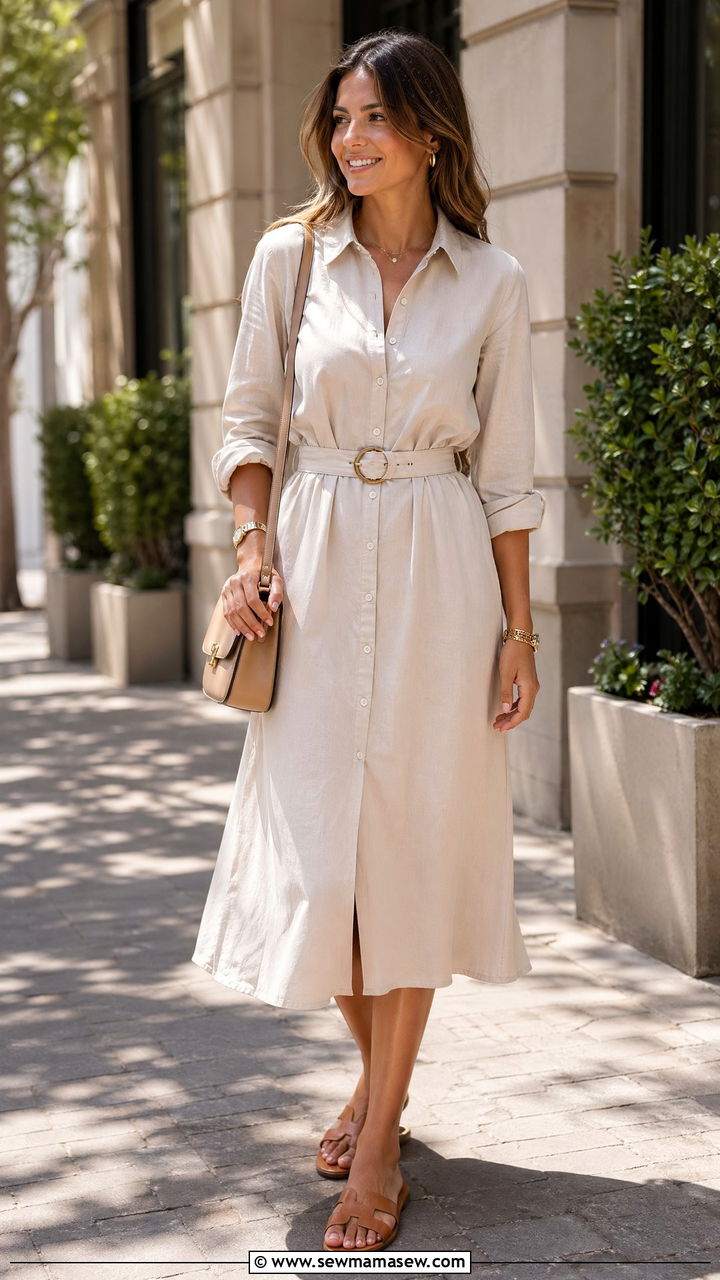 Midi Shirt Dress With Belt And Flat Sandals - 35 summer work outfit ideas