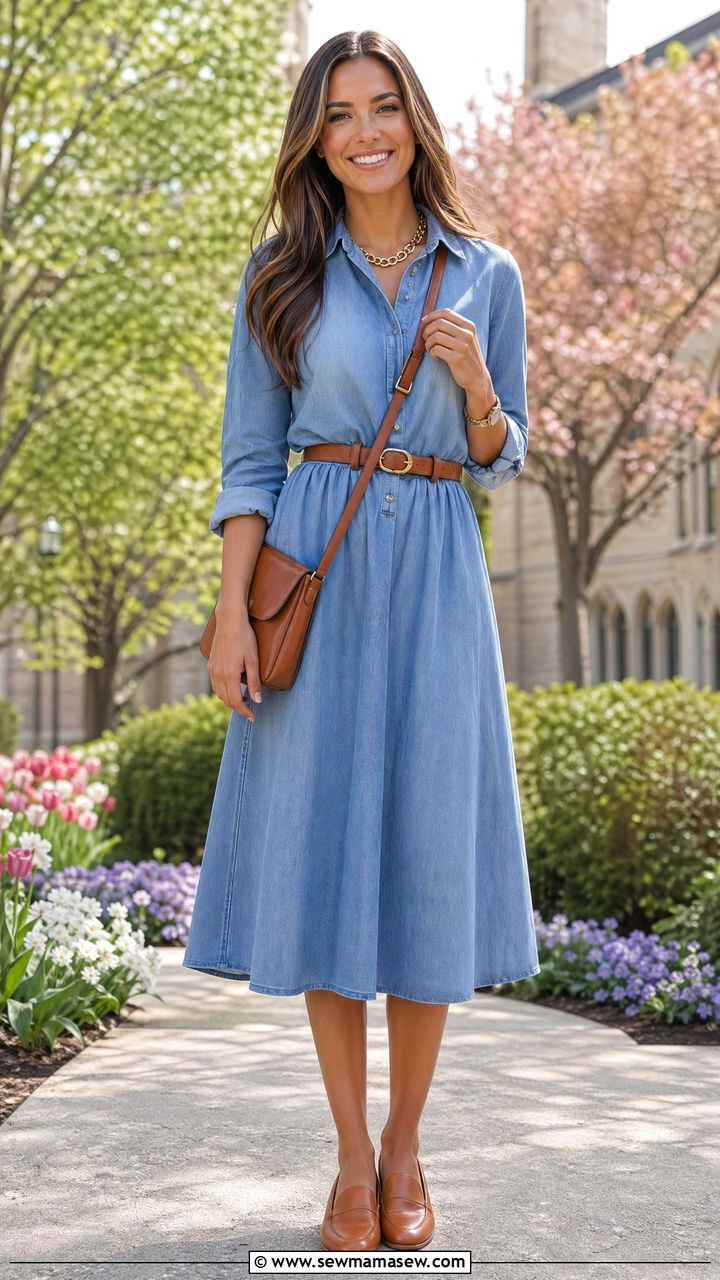 Midi Shirt Dress With Belt And Loafers For Graduation - 35 spring graduation outfit ideas