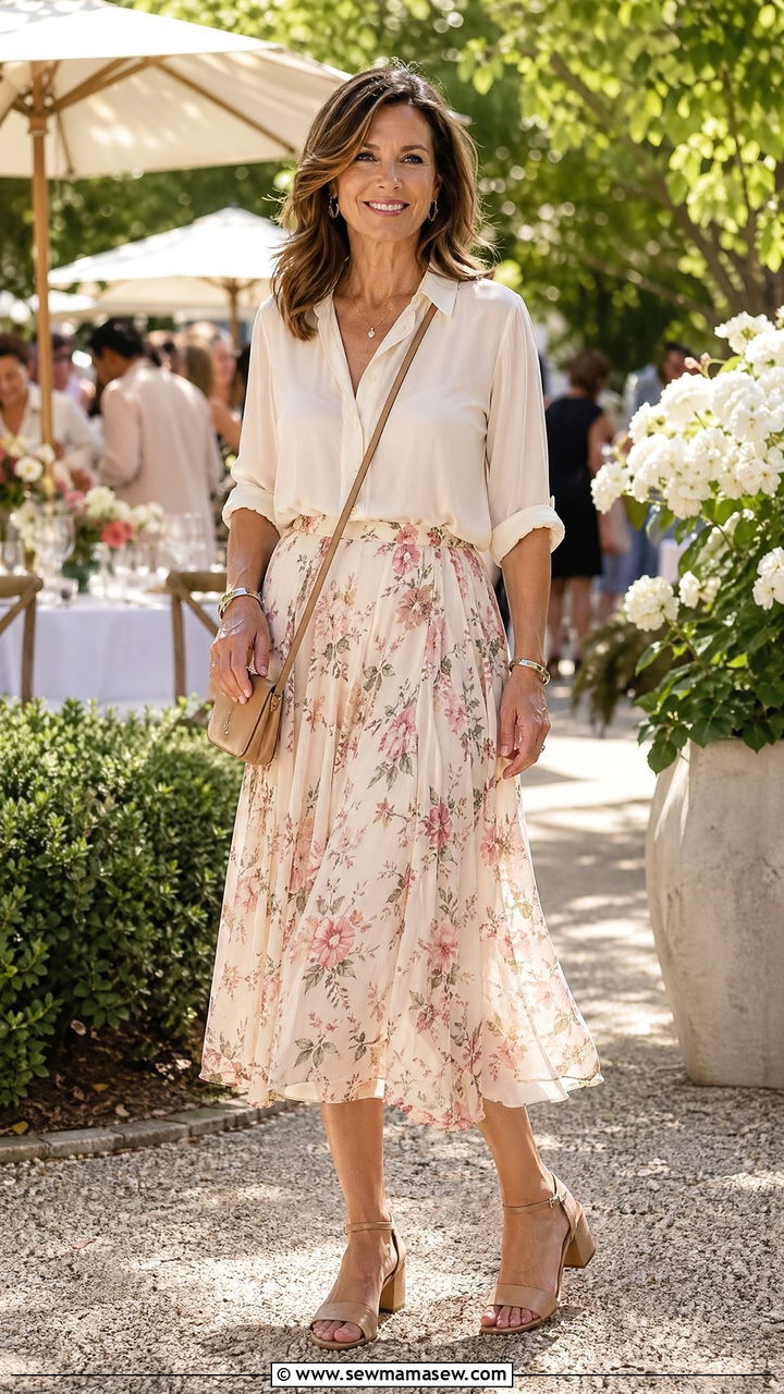 Midi Skirt With Lightweight Blouse - 35 What to wear in summer for women over 40