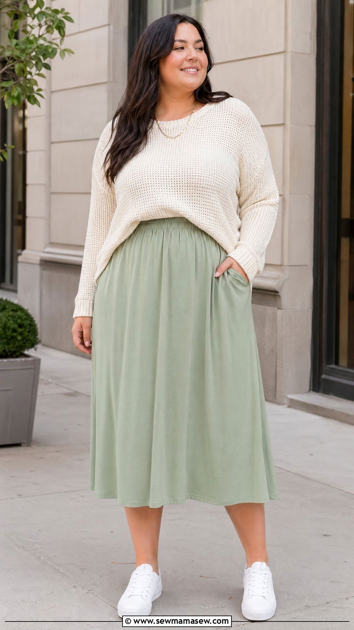 Midi Skirt With Lightweight Knit Sweater Outfit - 35 Spring capsule wardrobe plus size