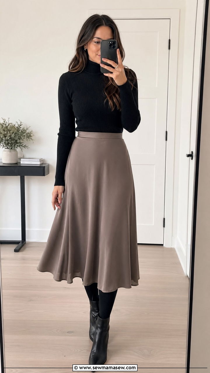 Midi Skirt With Ribbed Knit Turtleneck And Ankle Boots - 35 Counselor outfit ideas