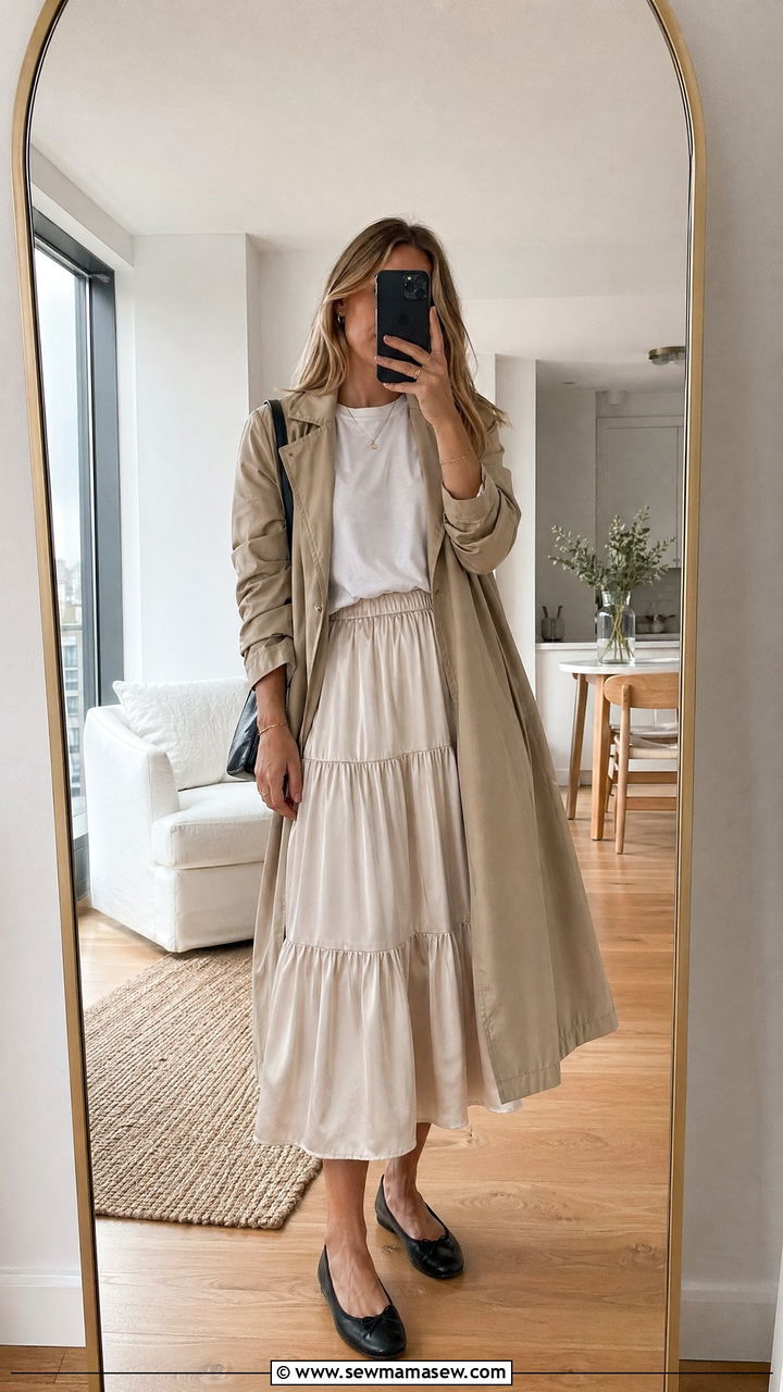Midi Skirt With Tee And Trench Coat - 35 Summer transition outfits