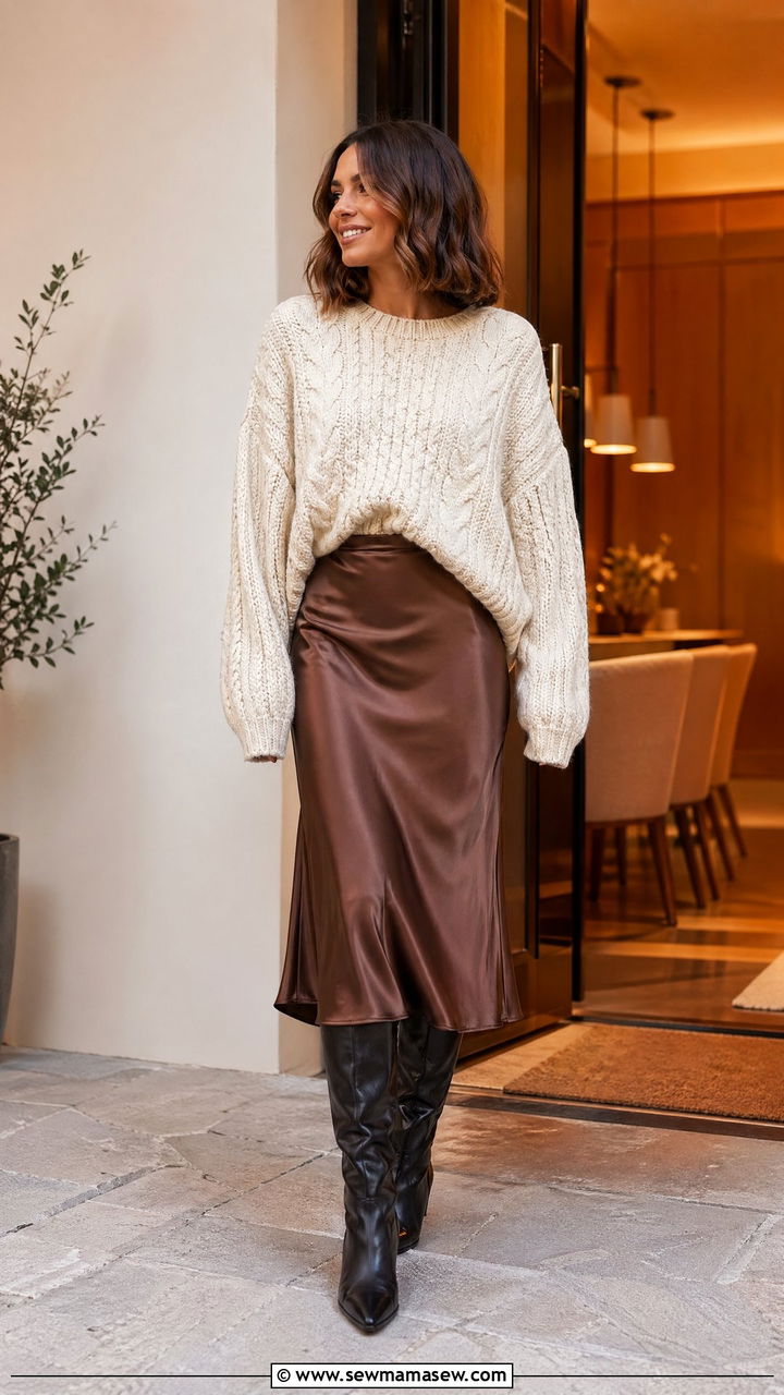 Midi Skirt With a Chunky Knit and Knee High Boots - 35 transitional outfit ideas for women