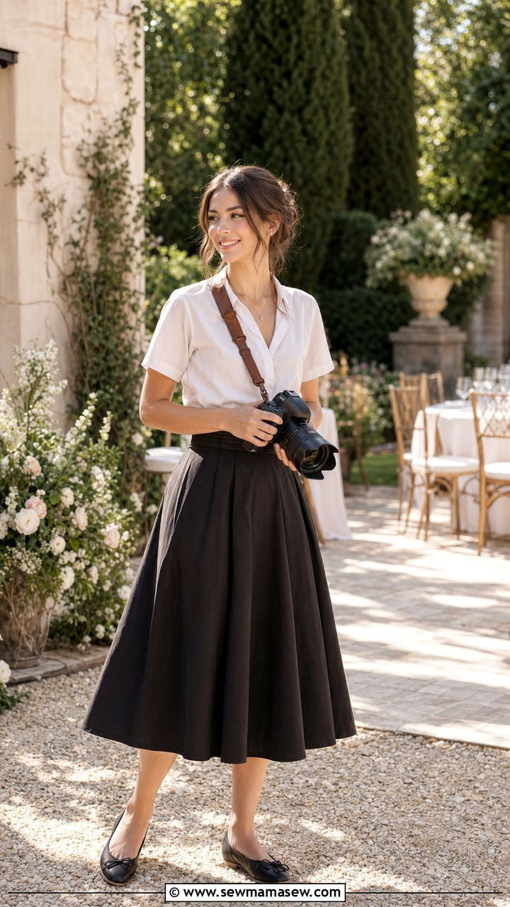 Midi Skirt With a Short Sleeve Blouse and Flats - 30 Wedding photographer outfit ideas