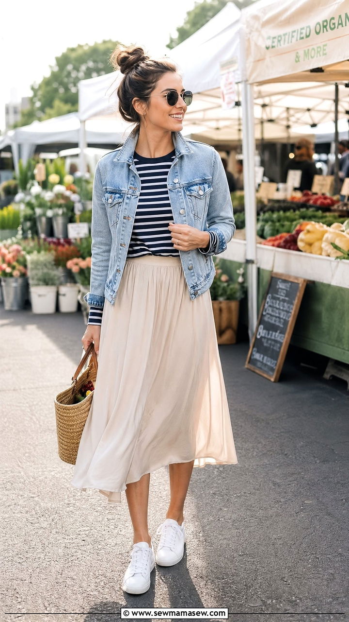 Midi Skirt With a Striped Tee and Denim Jacket - 35 Summer to fall transition outfits